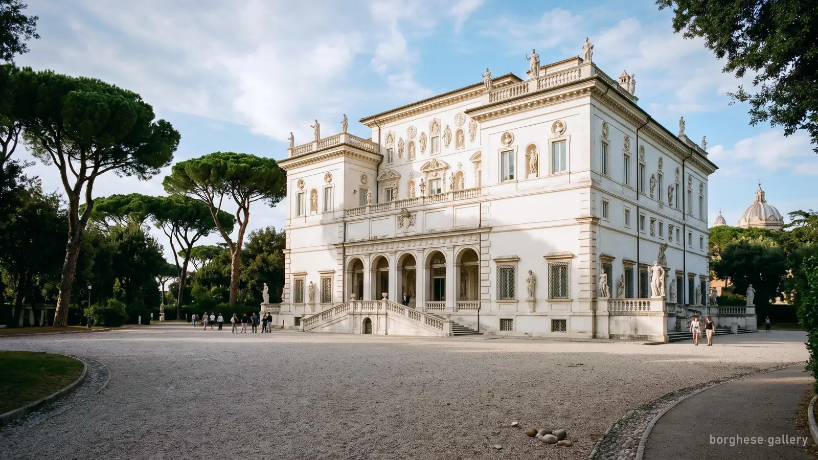 The Borghese Gallery villa seen from its forecourt in Villa Borghese park, Rome